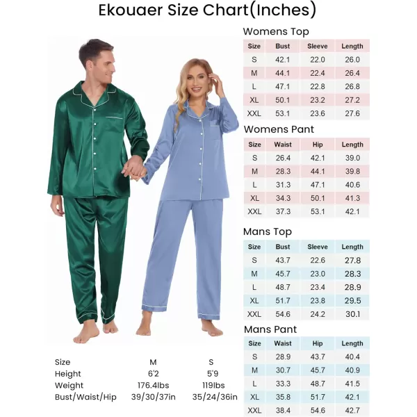 Ekouaer Couples Matching Pajamas Silk Long Sleeve Sleepwear Satin Soft Button Down Loungewear Pjs Set SXXLWomen Periwinkle