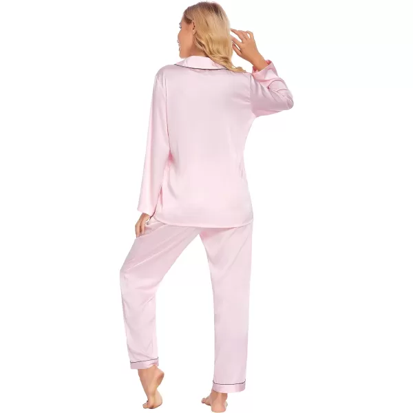 Ekouaer Couples Matching Pajamas Silk Long Sleeve Sleepwear Satin Soft Button Down Loungewear Pjs Set SXXLWomen Pink