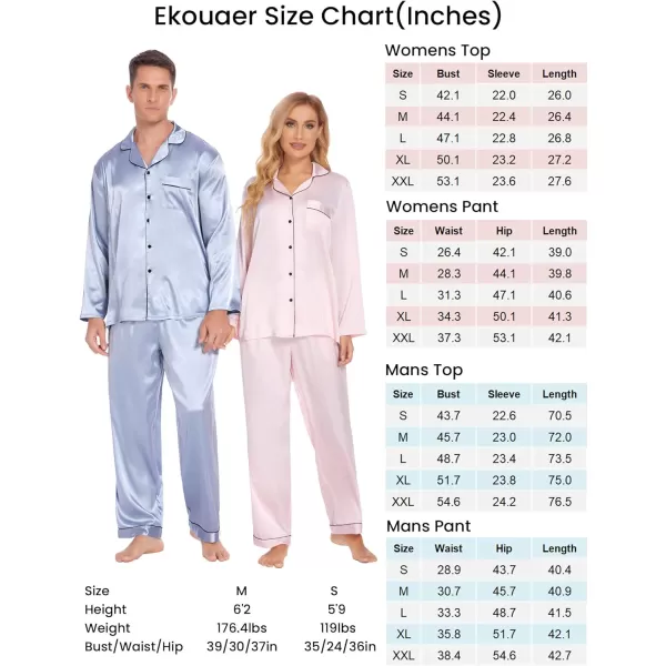 Ekouaer Couples Matching Pajamas Silk Long Sleeve Sleepwear Satin Soft Button Down Loungewear Pjs Set SXXLWomen Pink