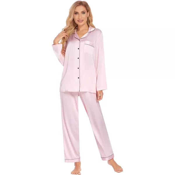 Ekouaer Couples Matching Pajamas Silk Long Sleeve Sleepwear Satin Soft Button Down Loungewear Pjs Set SXXLWomen Pink