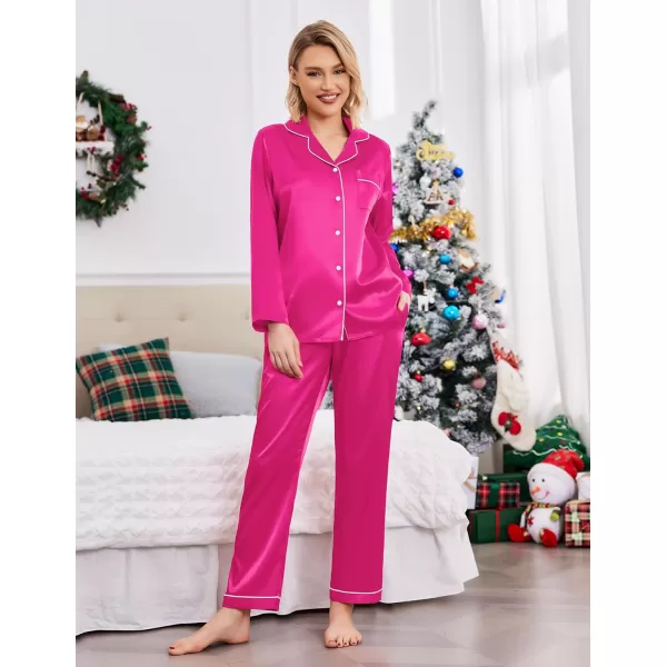 Ekouaer Couples Matching Pajamas Silk Long Sleeve Sleepwear Satin Soft Button Down Loungewear Pjs Set SXXLWomen Rose