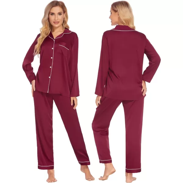 Ekouaer Couples Matching Pajamas Silk Long Sleeve Sleepwear Satin Soft Button Down Loungewear Pjs Set SXXLWomen Wine