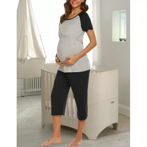 Ekouaer Double Layers LaborDeliveryNursing Maternity Pajamas Capri Set Baseball ShirtAdjustable SizeAblack