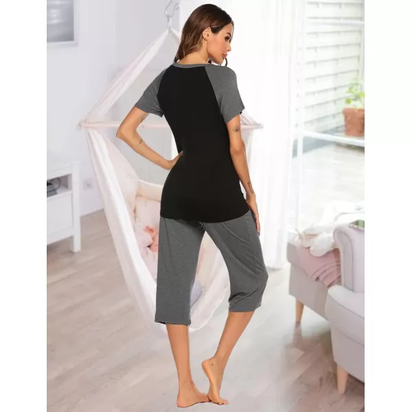 Ekouaer Double Layers LaborDeliveryNursing Maternity Pajamas Capri Set Baseball ShirtAdjustable SizeAblack Grey