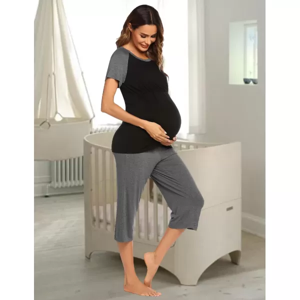 Ekouaer Double Layers LaborDeliveryNursing Maternity Pajamas Capri Set Baseball ShirtAdjustable SizeAblack Grey