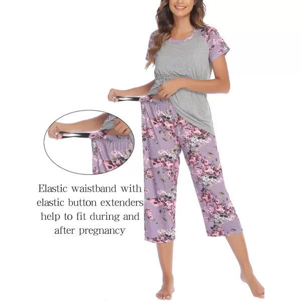 Ekouaer Double Layers LaborDeliveryNursing Maternity Pajamas Capri Set Baseball ShirtAdjustable SizeAgrey Floral