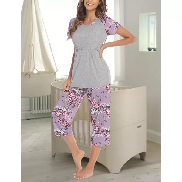 Ekouaer Double Layers LaborDeliveryNursing Maternity Pajamas Capri Set Baseball ShirtAdjustable SizeAgrey Floral