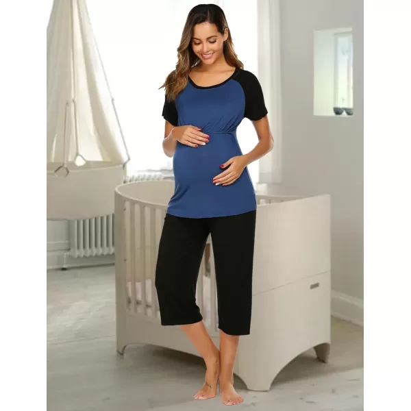 Ekouaer Double Layers LaborDeliveryNursing Maternity Pajamas Capri Set Baseball ShirtAdjustable SizeAnavy
