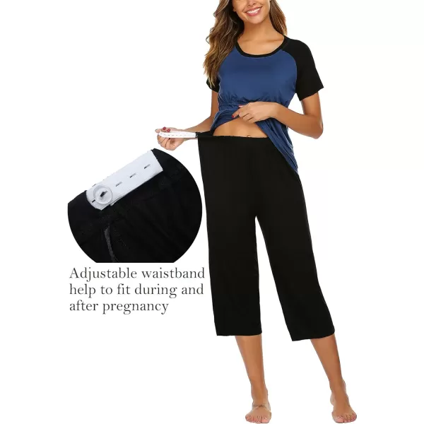 Ekouaer Double Layers LaborDeliveryNursing Maternity Pajamas Capri Set Baseball ShirtAdjustable SizeAnavy
