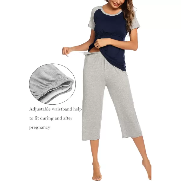 Ekouaer Double Layers LaborDeliveryNursing Maternity Pajamas Capri Set Baseball ShirtAdjustable SizeAnavy Light Grey