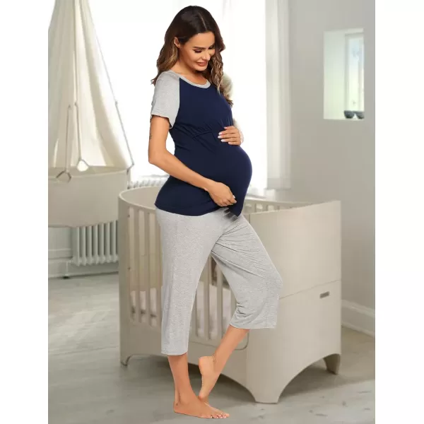 Ekouaer Double Layers LaborDeliveryNursing Maternity Pajamas Capri Set Baseball ShirtAdjustable SizeAnavy Light Grey