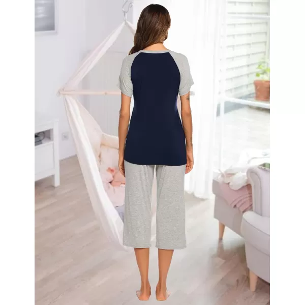 Ekouaer Double Layers LaborDeliveryNursing Maternity Pajamas Capri Set Baseball ShirtAdjustable SizeAnavy Light Grey