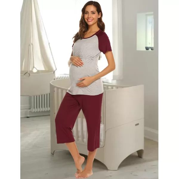 Ekouaer Double Layers LaborDeliveryNursing Maternity Pajamas Capri Set Baseball ShirtAdjustable SizeAwine Red