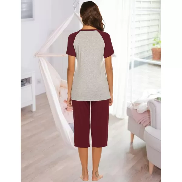 Ekouaer Double Layers LaborDeliveryNursing Maternity Pajamas Capri Set Baseball ShirtAdjustable SizeAwine Red