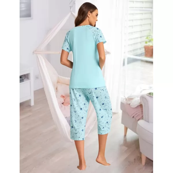 Ekouaer Double Layers LaborDeliveryNursing Maternity Pajamas Capri Set Baseball ShirtAdjustable SizeBlue Star