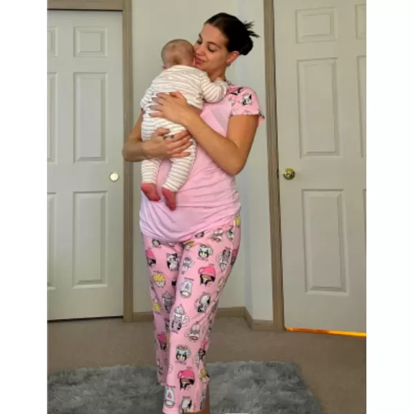 Ekouaer Double Layers LaborDeliveryNursing Maternity Pajamas Capri Set Baseball ShirtAdjustable SizePink Cup Cat