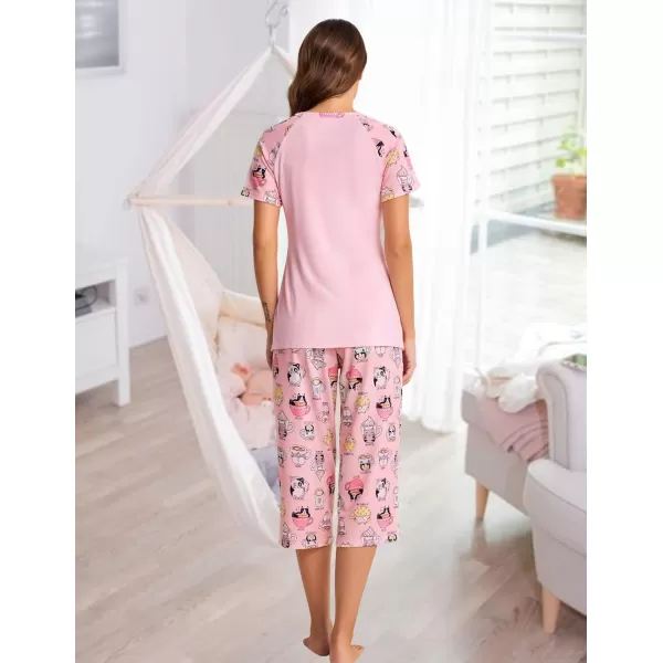 Ekouaer Double Layers LaborDeliveryNursing Maternity Pajamas Capri Set Baseball ShirtAdjustable SizePink Cup Cat