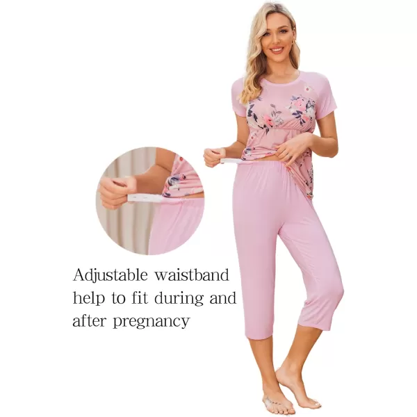 Ekouaer Double Layers LaborDeliveryNursing Maternity Pajamas Capri Set Baseball ShirtAdjustable SizePink Flower