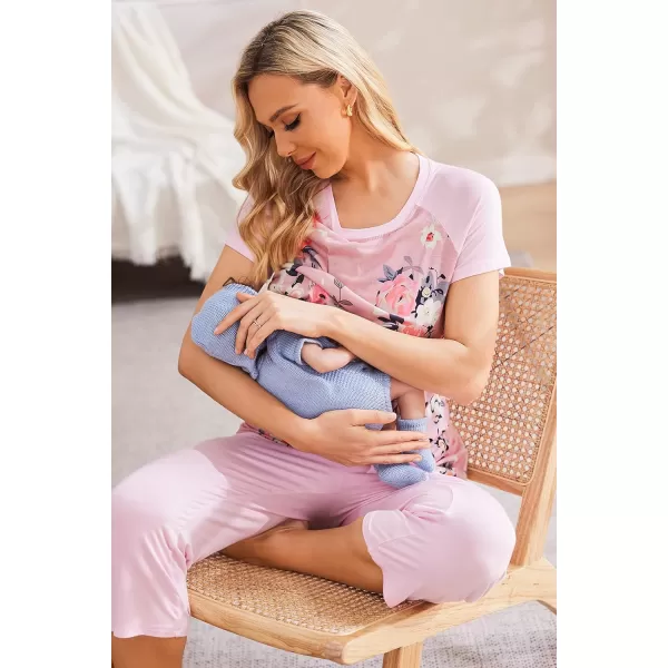 Ekouaer Double Layers LaborDeliveryNursing Maternity Pajamas Capri Set Baseball ShirtAdjustable SizePink Flower