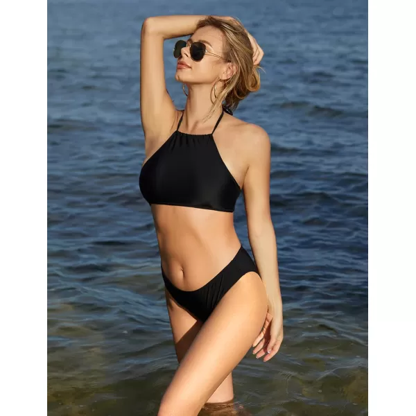 Ekouaer High Neck Halter Bikini Top Floral Swimsuits Two Piece Bathing Suits Triangle Bottoms for Women Teen Juniors XSXXL1 Dark Black