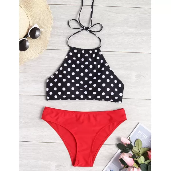 Ekouaer High Neck Halter Bikini Top Floral Swimsuits Two Piece Bathing Suits Triangle Bottoms for Women Teen Juniors XSXXL3 Red Dot
