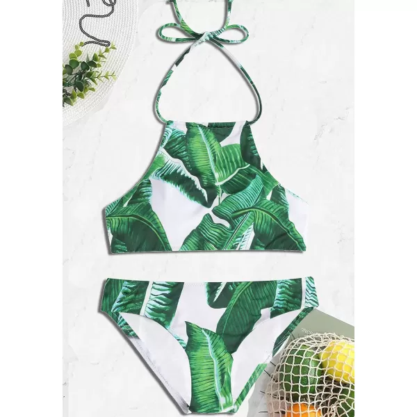 Ekouaer High Neck Halter Bikini Top Floral Swimsuits Two Piece Bathing Suits Triangle Bottoms for Women Teen Juniors XSXXLArmy Green Leaves