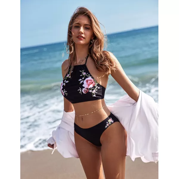 Ekouaer High Neck Halter Bikini Top Floral Swimsuits Two Piece Bathing Suits Triangle Bottoms for Women Teen Juniors XSXXLBlack Floral