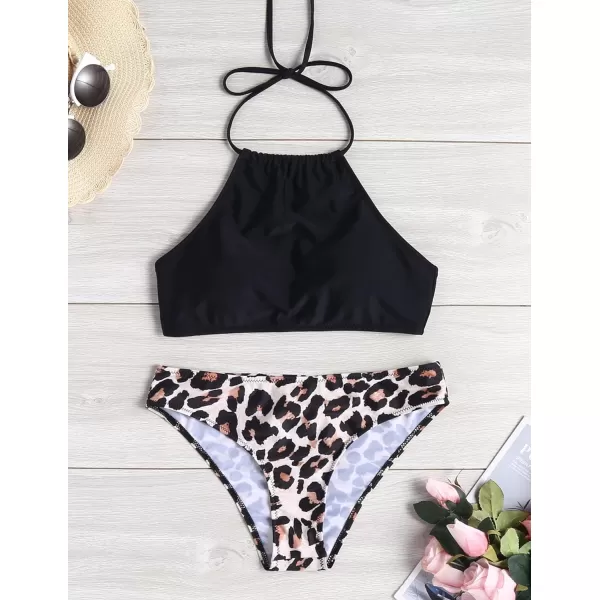 Ekouaer High Neck Halter Bikini Top Floral Swimsuits Two Piece Bathing Suits Triangle Bottoms for Women Teen Juniors XSXXLBlack Leopard