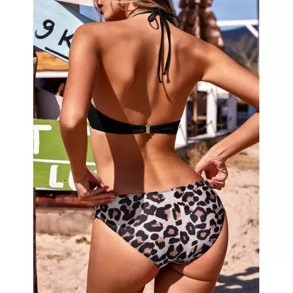 Ekouaer High Neck Halter Bikini Top Floral Swimsuits Two Piece Bathing Suits Triangle Bottoms for Women Teen Juniors XSXXLBlack Leopard