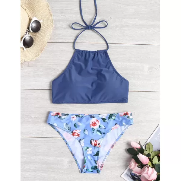 Ekouaer High Neck Halter Bikini Top Floral Swimsuits Two Piece Bathing Suits Triangle Bottoms for Women Teen Juniors XSXXLBlue Rose
