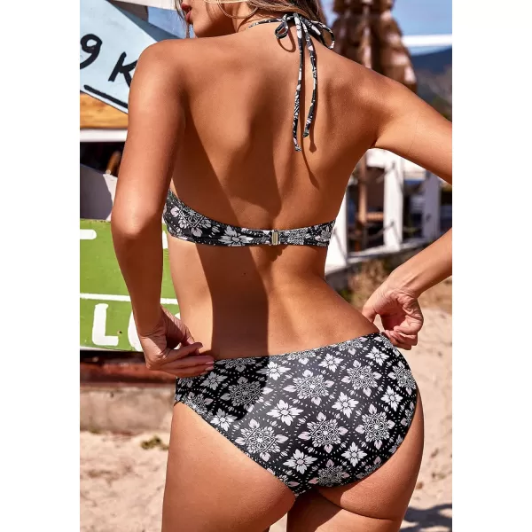 Ekouaer High Neck Halter Bikini Top Floral Swimsuits Two Piece Bathing Suits Triangle Bottoms for Women Teen Juniors XSXXLBohemian Black