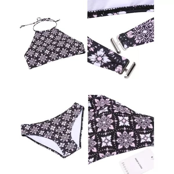 Ekouaer High Neck Halter Bikini Top Floral Swimsuits Two Piece Bathing Suits Triangle Bottoms for Women Teen Juniors XSXXLBohemian Black