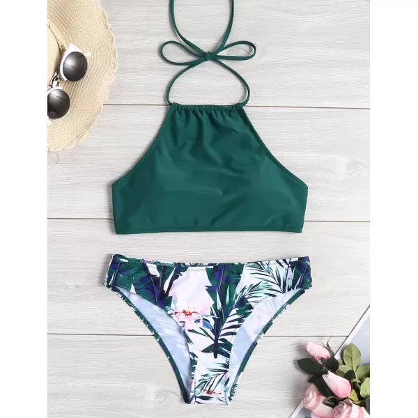 Ekouaer High Neck Halter Bikini Top Floral Swimsuits Two Piece Bathing Suits Triangle Bottoms for Women Teen Juniors XSXXLGreen Flowers