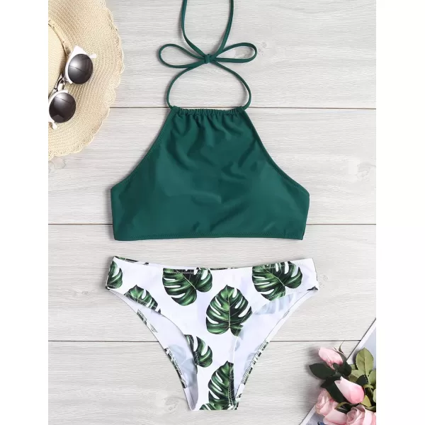 Ekouaer High Neck Halter Bikini Top Floral Swimsuits Two Piece Bathing Suits Triangle Bottoms for Women Teen Juniors XSXXLGreen Leaf
