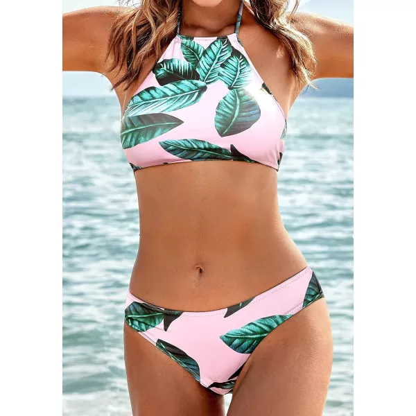 Ekouaer High Neck Halter Bikini Top Floral Swimsuits Two Piece Bathing Suits Triangle Bottoms for Women Teen Juniors XSXXLGreen Leaf Pink