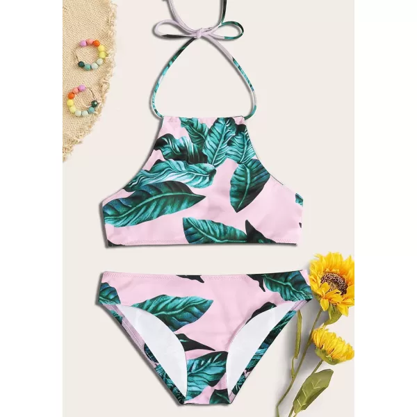 Ekouaer High Neck Halter Bikini Top Floral Swimsuits Two Piece Bathing Suits Triangle Bottoms for Women Teen Juniors XSXXLGreen Leaf Pink