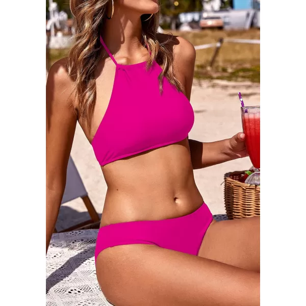 Ekouaer High Neck Halter Bikini Top Floral Swimsuits Two Piece Bathing Suits Triangle Bottoms for Women Teen Juniors XSXXLHot Pink