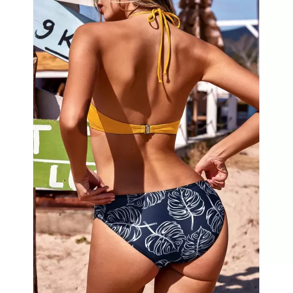 Ekouaer High Neck Halter Bikini Top Floral Swimsuits Two Piece Bathing Suits Triangle Bottoms for Women Teen Juniors XSXXLYellow Dark Blue Leaf