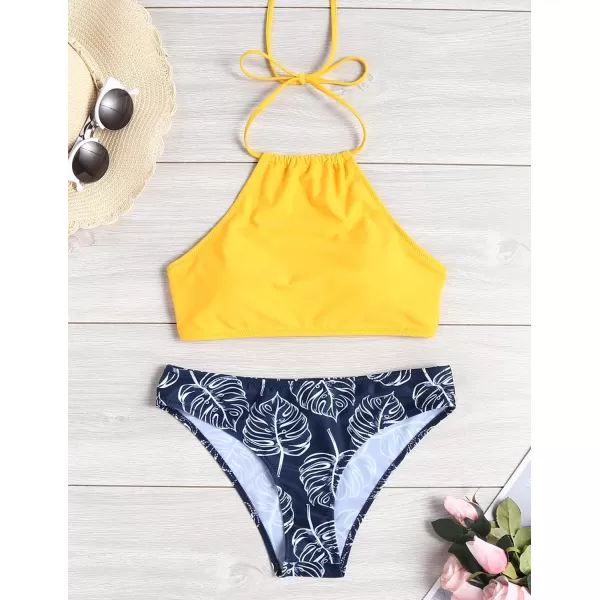 Ekouaer High Neck Halter Bikini Top Floral Swimsuits Two Piece Bathing Suits Triangle Bottoms for Women Teen Juniors XSXXLYellow Dark Blue Leaf