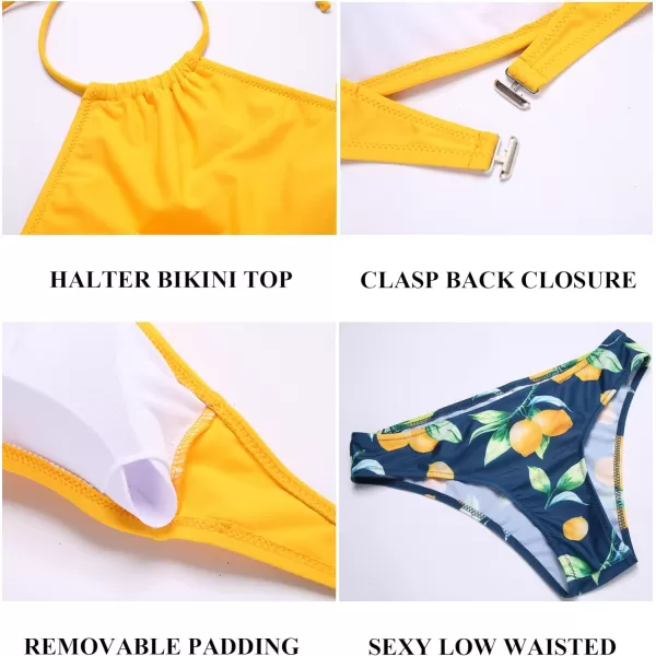 Ekouaer High Neck Halter Bikini Top Floral Swimsuits Two Piece Bathing Suits Triangle Bottoms for Women Teen Juniors XSXXLYellow Lemon