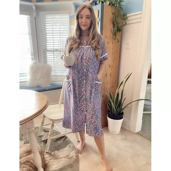 Ekouaer House Dress for Women with Pockets Button Down Duster Housecoat Short Sleeve Patio Dress Nightgown SXXXLFloral Blue