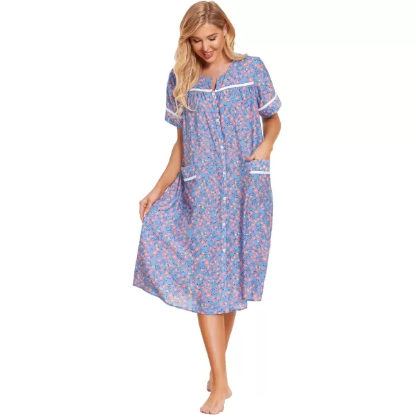 Ekouaer House Dress for Women with Pockets Button Down Duster Housecoat Short Sleeve Patio Dress Nightgown SXXXLFloral Blue