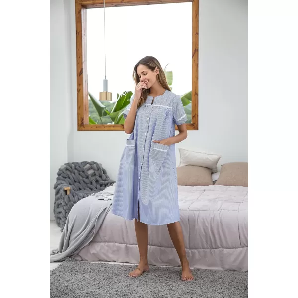 Ekouaer House Dress for Women with Pockets Button Down Duster Housecoat Short Sleeve Patio Dress Nightgown SXXXLStriped Blue