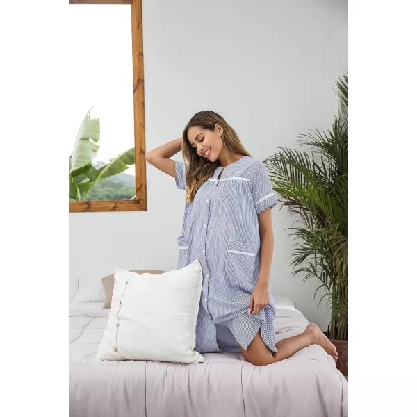 Ekouaer House Dress for Women with Pockets Button Down Duster Housecoat Short Sleeve Patio Dress Nightgown SXXXLStriped Blue