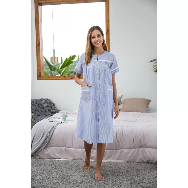 Ekouaer House Dress for Women with Pockets Button Down Duster Housecoat Short Sleeve Patio Dress Nightgown SXXXLStriped Blue