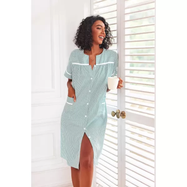 Ekouaer House Dress for Women with Pockets Button Down Duster Housecoat Short Sleeve Patio Dress Nightgown SXXXLStriped Green