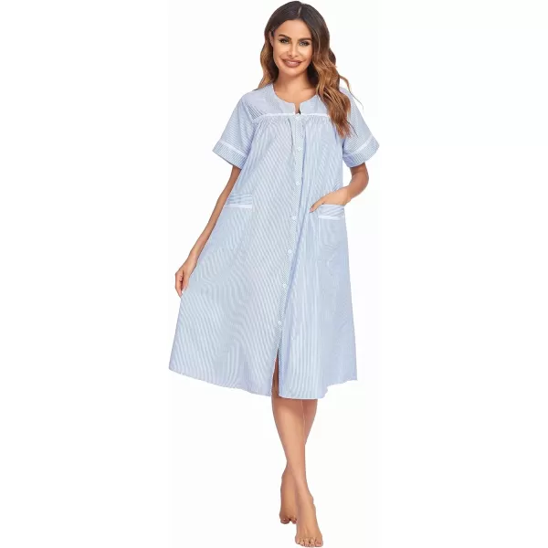 Ekouaer House Dress for Women with Pockets Button Down Duster Housecoat Short Sleeve Patio Dress Nightgown SXXXLStriped Light Blue