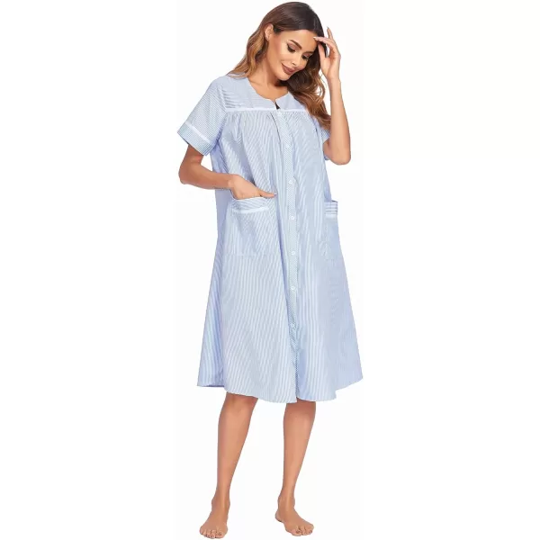 Ekouaer House Dress for Women with Pockets Button Down Duster Housecoat Short Sleeve Patio Dress Nightgown SXXXLStriped Light Blue