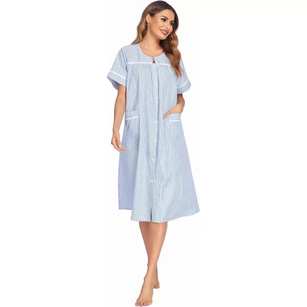 Ekouaer House Dress for Women with Pockets Button Down Duster Housecoat Short Sleeve Patio Dress Nightgown SXXXLStriped Light Blue