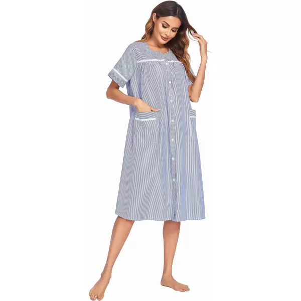 Ekouaer House Dress for Women with Pockets Button Down Duster Housecoat Short Sleeve Patio Dress Nightgown SXXXLStriped Navy